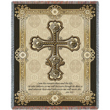 Gothic Cross - I Am The Resurrection And The Life - Scriptures - John 11:25 - Cotton Woven Blanket Throw - Made in the USA (72x54) Tapestry Throw