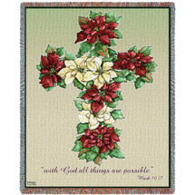Poinsetta Cross - With God All Things Are Possible - Scriptures - Mark 10:27 - Sympathy - Parker Fulton - Cotton Woven Blanket Throw - Made in the USA (72x54) Tapestry Throw
