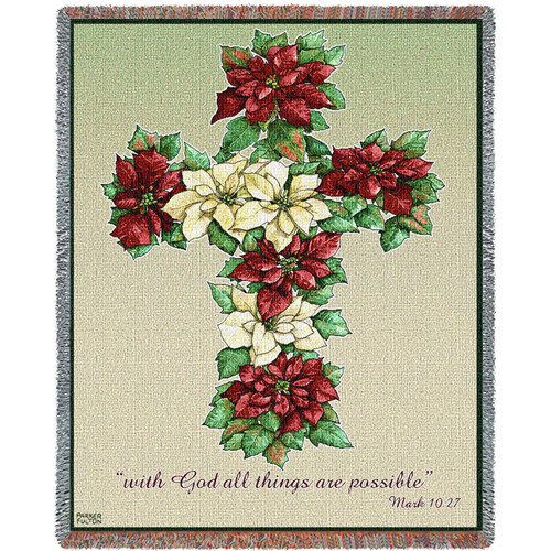 Poinsetta Cross - With God All Things Are Possible - Scriptures - Mark 10:27 - Sympathy - Parker Fulton - Cotton Woven Blanket Throw - Made in the USA (72x54) Tapestry Throw