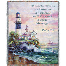 Lighthouse - The Lord Is My Rock And My Fortress - Scriptures -Psalm 18:2 - Carl Valente - Cotton Woven Blanket Throw - Made in the USA (72x54) Tapestry Throw