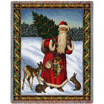 Father Christmas - Red - Cotton Woven Blanket Throw - Made in the USA (72x54) Tapestry Throw