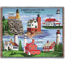 Lighthouses of the Great Lakes - Split Rock, Round Island, Whitefish, Rock Harbor, Outer Island, St Helena - Cotton Woven Blanket Throw - Made in the USA (72x54) Tapestry Throw