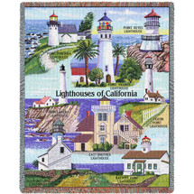 Lighthouses of California - Montara, Reyes, Vicente, Pigeon, Battery, East Brother, Loma, Arena - Cotton Woven Blanket Throw - Made in the USA (72x54) Tapestry Throw