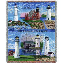 Lighthouses of New England - Boston, Black Island, Portsmouth, Nantucket, Mystic, Cape Cod - Cotton Woven Blanket Throw - Made in the USA (72x54) Tapestry Throw