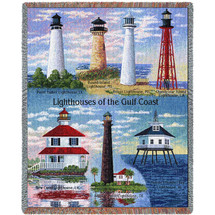 Lighthouses of the Gulf Coast - Point Isabel, Round Island, Biloxi, Chandeleur,New Canal,Bolivar,Mobile - Cotton Woven Blanket Throw - Made in the USA (72x54) Tapestry Throw