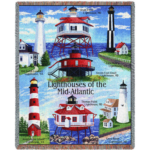 Lighthouses of the Mid-Atlantic - Old Point, Drum Point, Seven Foot, Cape Henry, Assateague, Thomas Point, Cove Point - Cotton Woven Blanket Throw - Made in the USA (72x54) Tapestry Throw
