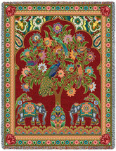 Asian Elephants - Tree of Life - Cotton Woven Blanket Throw - Made in the USA (72x54) Tapestry Throw