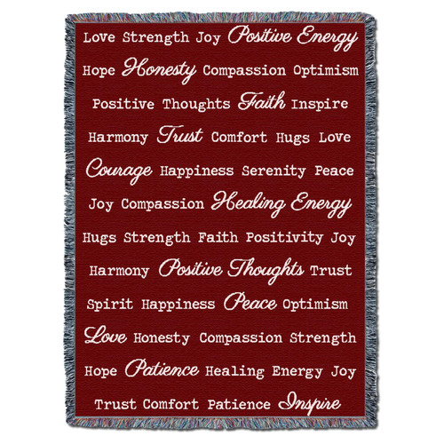 Positive Words Hug - Red - Cotton Woven Blanket Throw - Made in the USA (72x54) Tapestry Throw