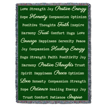 Positive Words Hug - Green - Cotton Woven Blanket Throw - Made in the USA (72x54) Tapestry Throw