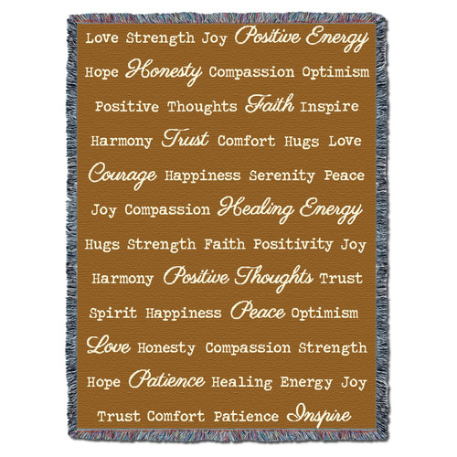Positive Words Hug - Dark Gold - Cotton Woven Blanket Throw - Made in the USA (72x54) Tapestry Throw