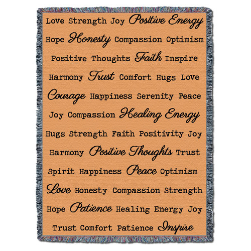Positive Words Hug - Peach - Cotton Woven Blanket Throw - Made in the USA (72x54) Tapestry Throw