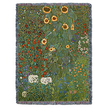Farm Garden with Sunflowers - Gustav Klimt - Cotton Woven Blanket Throw - Made in the USA (72x54) Tapestry Throw