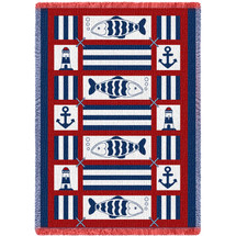 Nautical Fish - Cotton Woven Blanket Throw - Made in the USA (70x50) Afghan