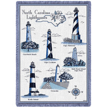 Lighthouses of North Carolina - Curritick, Cape Lookout, Hatteras, Bald Head Island, Ocracoke, Bodie - Cotton Woven Blanket Throw - Made in the USA (70x50) Afghan