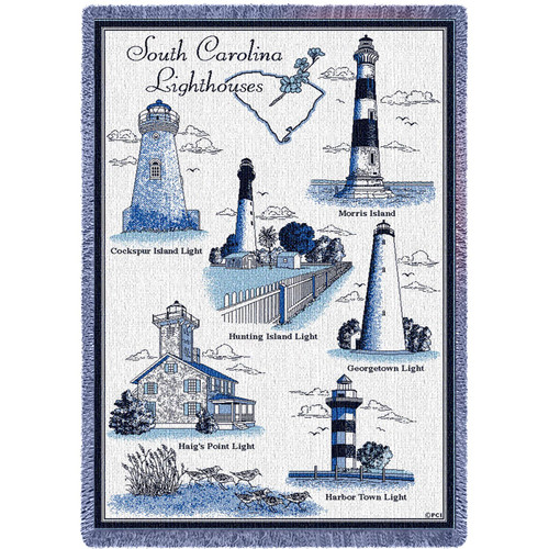 Lighthouses of South Carolina - Cockspur, Hunting, Morris, Georgetown, Haig's Point , Harbor Town - Cotton Woven Blanket Throw - Made in the USA (70x50) Afghan