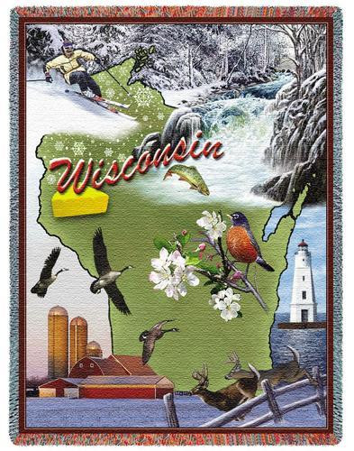State of Wisconsin - Cotton Woven Blanket Throw - Made in the USA (72x54) Tapestry Throw