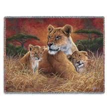 Motherly Lioness and Cubs - Lucie Bilodeau - Cotton Woven Blanket Throw - Made in the USA (72x54) Tapestry Throw