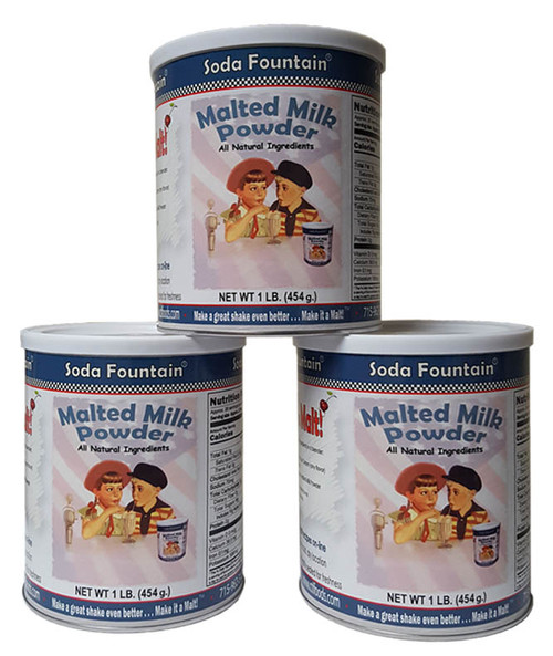 3 Pack of Soda Fountain Malted Milk Powder 1 Lb. Canisters