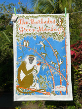 Hand screen printed Barbados green monkey tea-towel.