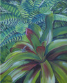 Colourful Bromiliads with a shy lizard by Sue Trew