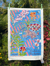 Hand screen printed in Barbados - orchid tea-towel.