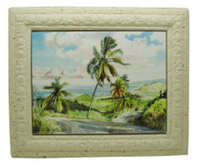 A framed tile with a painting of Cherry Tree Hill in Barbados by Jill Walker