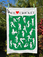 Hand screen printed Barbados cricket tea-towel.