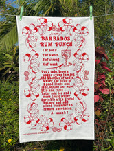 Hand screen printed Barbados rum punch tea-towel.