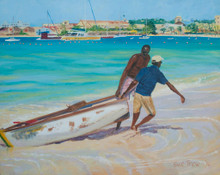 An oil painting of a scene in Carlisle Bay of men pulling a dinghy out of the water with Bridgetown in the background. 