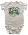 A soft, 100% cotton romper in natural with monkeys on the front.
