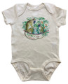 A soft, 100% cotton romper in natural with monkeys on the front. 