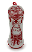 A hand screen printed market lady pot handler.