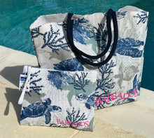 Beautiful Barbados navy turtle bag with matching pouch.