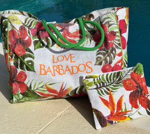 Beautiful Barbados flowery bag with matching pouch.
