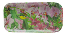 A long melamine tray with a Jill Walker painting of wonderful orchids.
