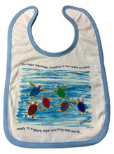 A cotton bib with the happy hatchlings design and blue trim. 
