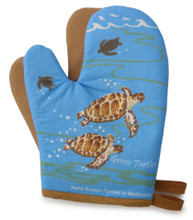 Hand screen printed turtle oven gloves. 
 