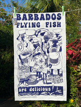 Hand screen printed Barbados flying fish tea-towel.