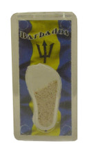 A magnet with an image of the Barbados flag and some Barbados sand. 