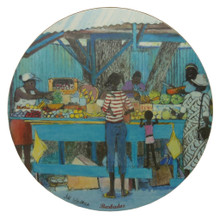 Trivet or hot mat with a Market stall design.