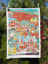 Hand screen printed Barbados chattel houses tea-towel.