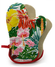 Hand screen printed flower oven gloves.