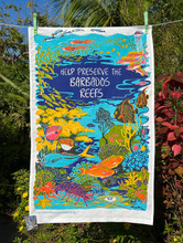 Hand screen printed Barbados reef tea-towel.