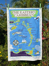 Hand screen printed Eastern Caribbean tea-towel.
