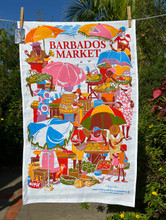 Hand screen printed Barbados market tea-towel.