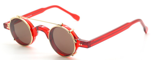 Preciosa 703 72 Small Round Red Aceatet Frame With Matching Clip on Sunglasses At The Old Glasses Shop Ltd