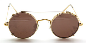 Vintage true round eyewear by Hilton 44mm 14kt rolled gold with matching sun clip at The Old Glasses Shop Ltd.