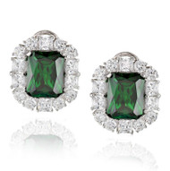 Emerald Cut Emerald CZ Leverback Earring with Clear CZ Outline in Rhodium Plated Brass