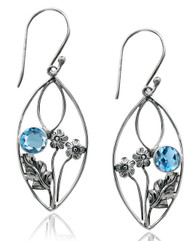 Almond Shape Earring with Blue Topaz and Flower Accent