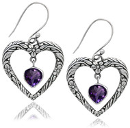 Textured Open Heart Sterling Silver Earring With Amethyst Drop